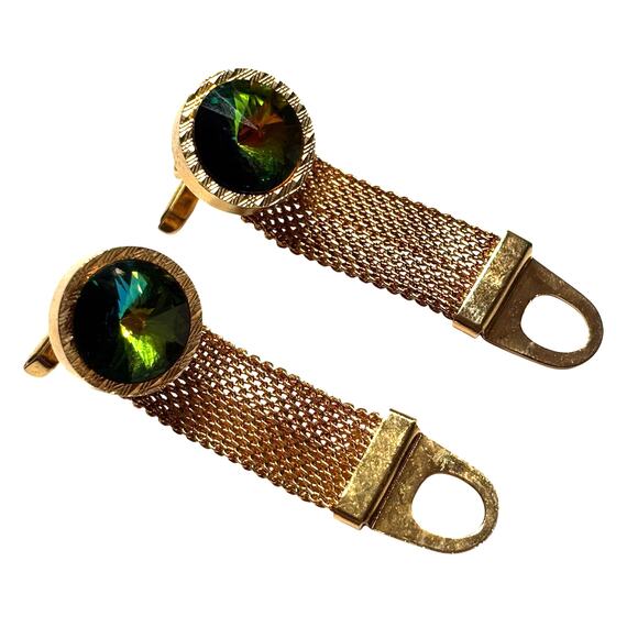 Gold wrap Cufflinks Rivoli style watermelon green & pink stones vintage 1970s - Picture 4 of 8